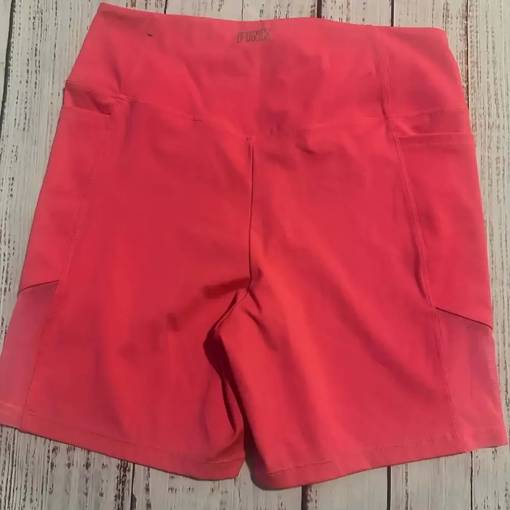 PINK Active High-Waisted Mesh Panel Biker Shorts with Pockets - Neon Pink